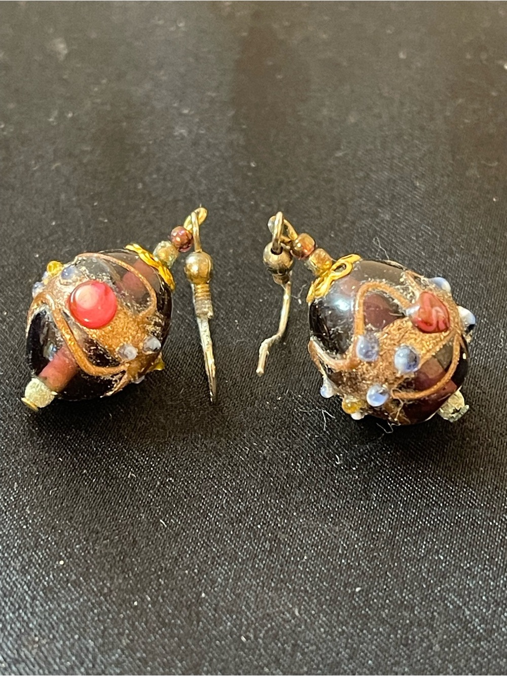 Murano Black and Gold Glass Drop Earrings with Red and Pale Blue Accents